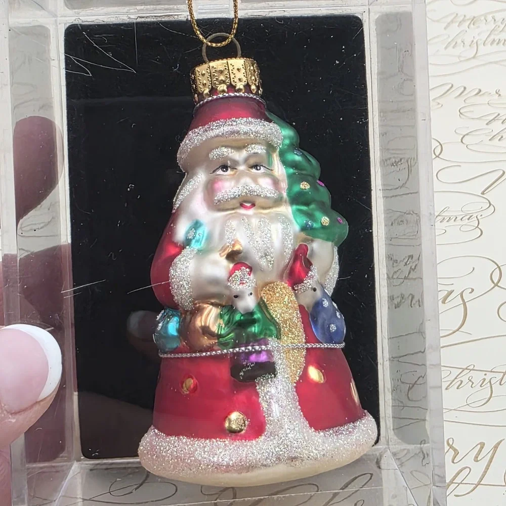 3 Unique Treasures Santa Ornaments Blown Glass Gifts Sleigh Toys Vintage NIB NOS